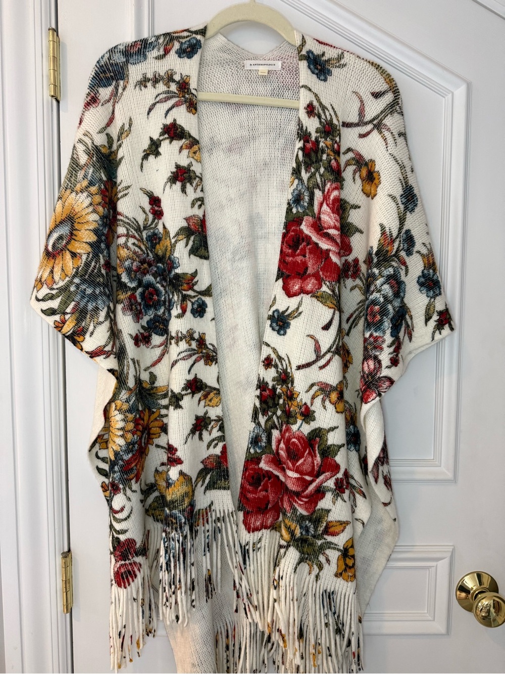 NWOT Anthropologie Floral Fringe Poncho Wrap One Size